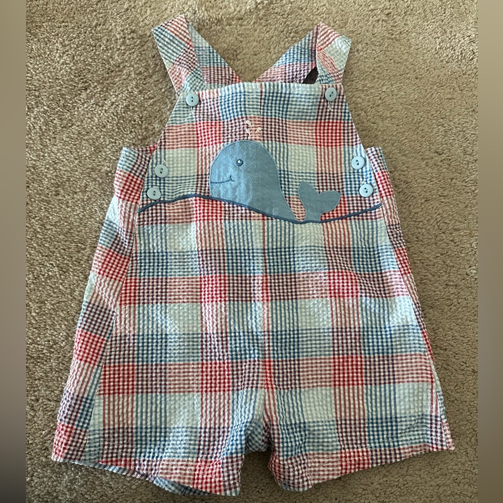Kids Plaid Whale Appliqué Shortalls - Red/Blue